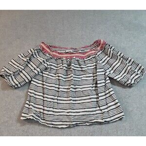 Trina Turk Striped Peasant Top Cottagecore Boho Floral Trim Off Shoulder Blouse